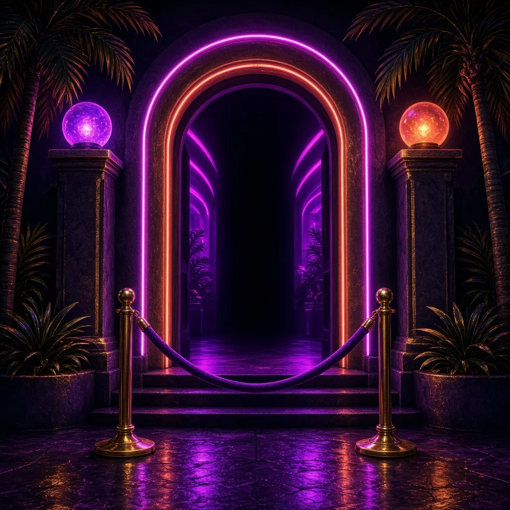 Ilustración del juego de una entrada de club con neón y un cordón.