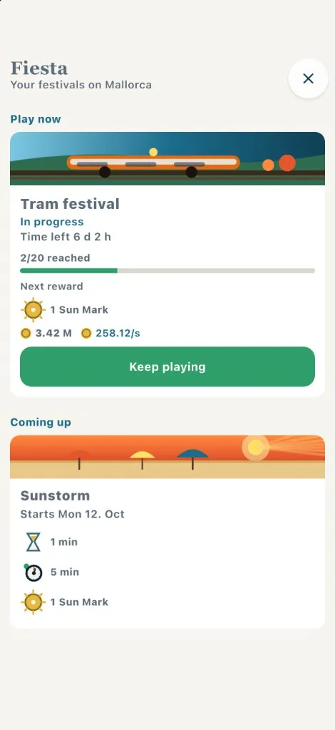 Screenshot of the fiesta list, with one festival in progress and another that has not started.