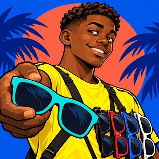 Ilustración del juego de un puesto de gafas: una figura con camisa amarilla sostiene monturas turquesa.