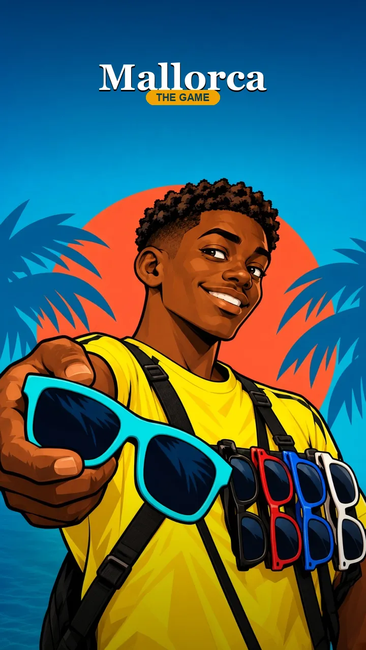 Helmut, in a yellow shirt, holds turquoise sunglasses toward the viewer. The game logo sits above him against a blue sky and an orange sun.