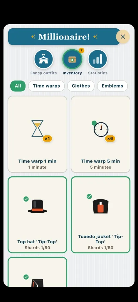 Screenshot of the inventory, with time warps, a hat and a jacket.