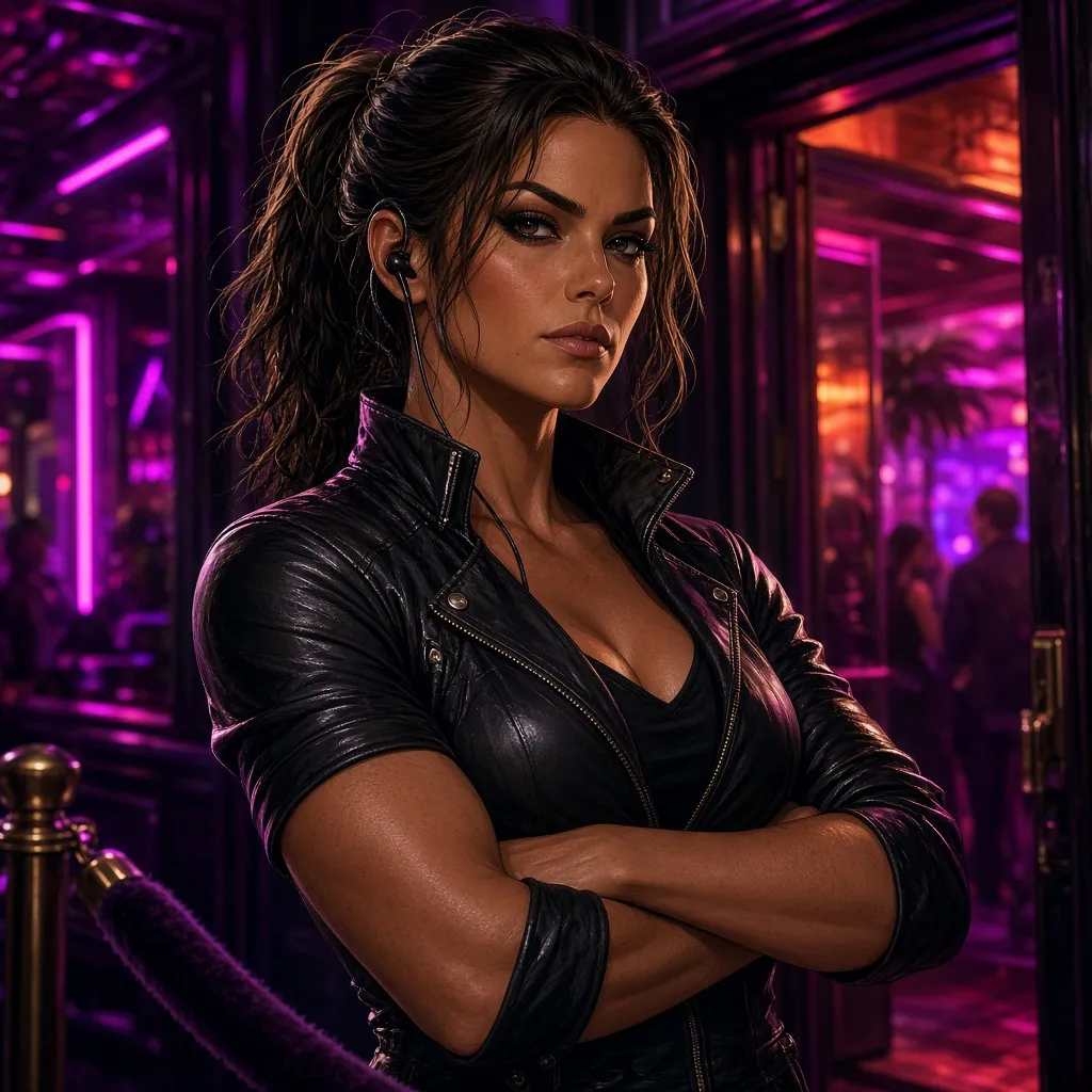 A club door manager with a black leather jacket and an earpiece, arms crossed beside a velvet rope. Purple and orange light behind her.