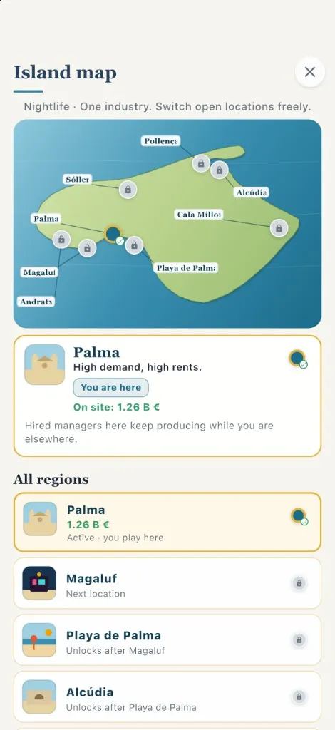 Captura del mapa de la isla. Palma está abierto, Magaluf es el siguiente sitio y los posteriores siguen cerrados.