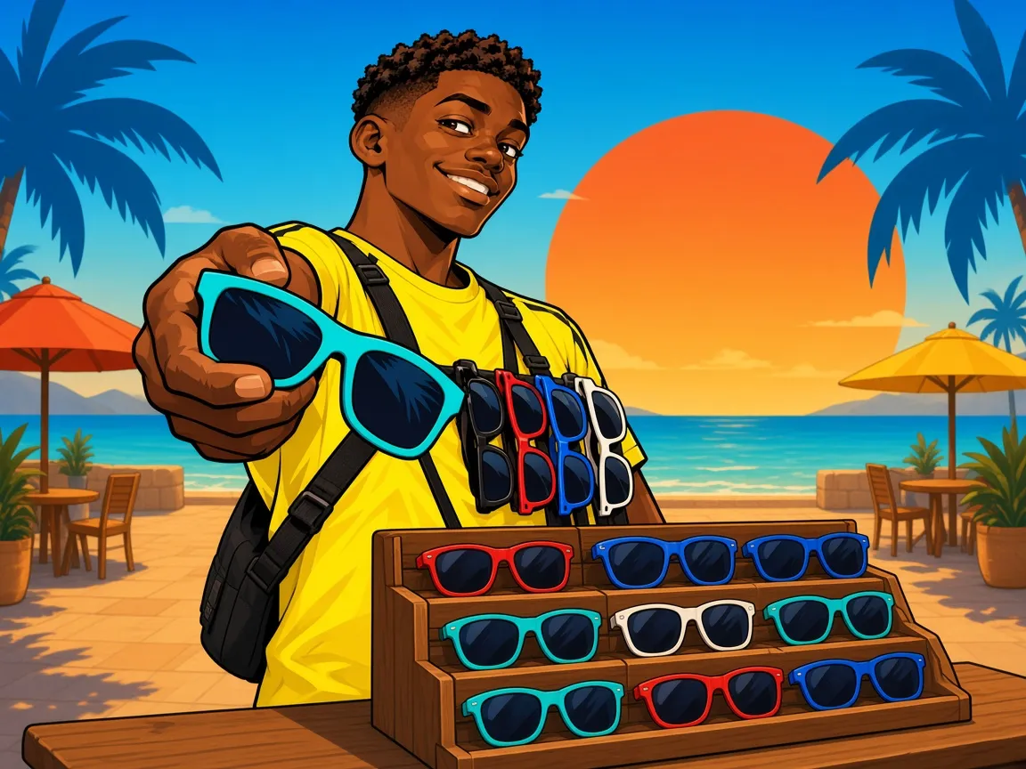 Helmut stands behind a wooden rack of colourful sunglasses on a beach at sunset.