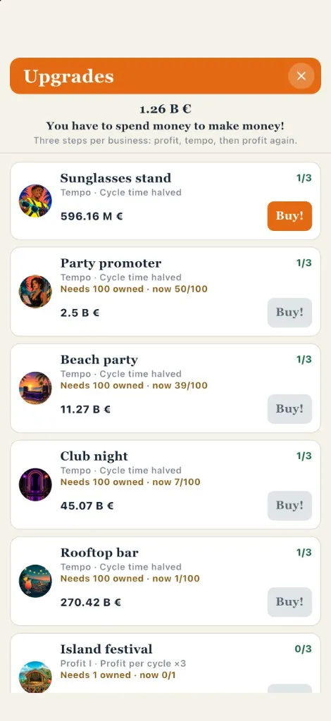 Captura de la lista de mejoras. Cada negocio muestra un paso de beneficio o de tempo y un botón de compra cuando ese paso está abierto.